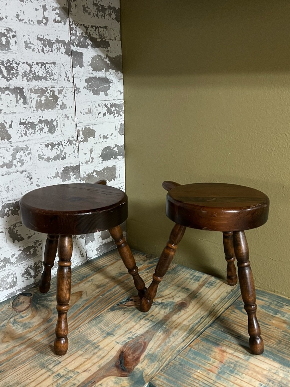 Vintage Three Legged wooden bobbin-leg stools or plant stands,